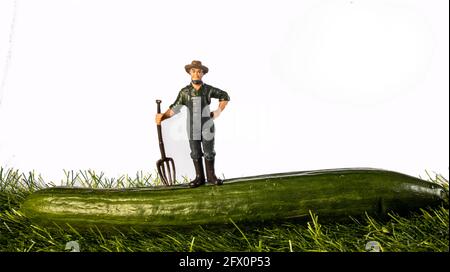 Miniaturfiguren auf einem Bauernhof. Ein Mädchen, das Pferd, ein Mann und eine Frau in der Nähe des Traktors, jemand, der die Kühe füttert, das Bauernhaus im Hintergrund. Stockfoto