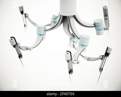 Roboterarme für robotergestützte Operationen isoliert auf weißem Hintergrund. 3D-Illustration. Stockfoto