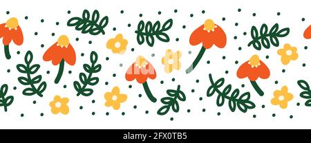 Einfache abstrakte handgezeichnete Blumen und Doodle Blätter nahtlose Grenze. Botanical Nature blüht und hinterlässt moderne moderne trendige skandinavische Stock Vektor