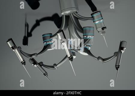 Roboterarme für robotergestützte Operationen, isoliert auf grauem Hintergrund. 3D-Illustration. Stockfoto