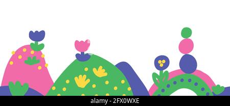 Kinder zeichnen Rahmen nahtlose Vektor-Rahmen. Kindliche, von Hand gezeichnete Hügel, Blumen, die sich horizontal wiederholende Muster wiederholen. Für Kinderplakate, Einladungen Stock Vektor