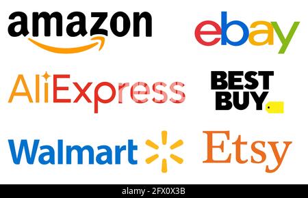 Vinnytsia, Ukraine - 24. Mai 2021: Beliebte Online-Handelsplattform Unternehmen Logo. Amazon, eBay, AliExpress, Best Buy, Walmart, Etsy-Symbole. Redaktionell Stock Vektor