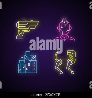 Cyberpunk Artikel Neon-Licht-Symbole gesetzt Stock Vektor