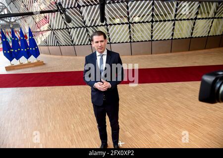 Bundeskanzler Sebastian kurz im Bild, als er am zweiten Tag eines EU-Gipfeltreffens, Dienstag, den 25. Mai 2021, an der Spitze der Europäischen Union eintrifft Stockfoto