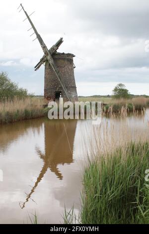 Die Landschaft der alten Ziegelwindmühle Pumpe Holz Segel reflektieren Im Flusswasser von Norfolk Broads bei Horsey East Anglia England großbritannien am Schilfufer Frühling Stockfoto