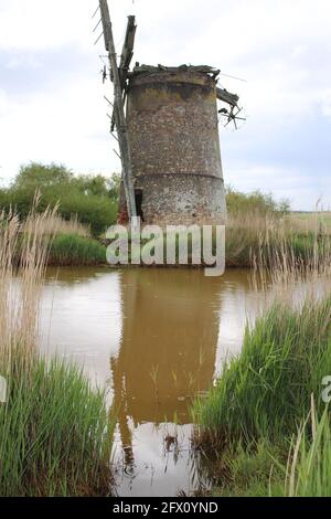 Die Landschaft der alten Ziegelwindmühle Pumpe Holz Segel reflektieren Im Flusswasser von Norfolk Broads bei Horsey East Anglia England großbritannien am Schilfufer Frühling Stockfoto