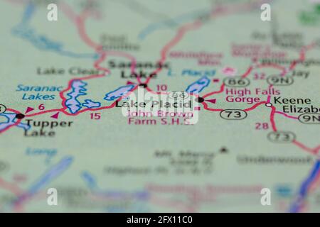 Lake Placid New York USA auf einer Geografie- oder Straßenkarte angezeigt Stockfoto