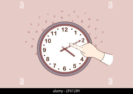 Ändern des Zeitkonzepts. Menschliche Hand ändert Zeit auf große Wanduhr über dunkelbraunem Hintergrund Vektor-Illustration Stock Vektor