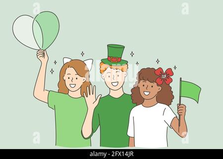 Wir feiern das Konzept des St. Patrick Day. Gruppe von fröhlich lächelnden Kindern Freunde in grünen Kostümen stehen mit Fahnen und Ballons feiern Urlaub Vektor Illustration Stock Vektor