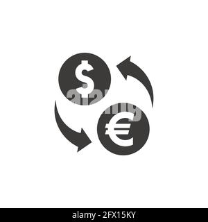 Dollar- und Euro-Austausch mit Pfeilen. Schwarzes Vektorsymbol. Stock Vektor