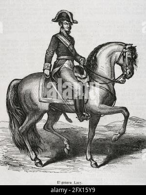 Luis Lacy Gautier (1775-1817). Der spanische General, der sich während des Peninsular-Krieges in Katalonien für seine Aktionen auszeichnete. Hochformat. Illustration von Zarza. Gravur von Capuz. Historia General de España von Pater Mariana, 1853. Stockfoto