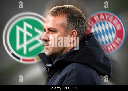 FOTOMONTAGE- STREIFEN NEUE BUNDESTRAINER !. Archivfoto: Hans Dieter Flick (Hansi, Trainer FC Bayern München), Einzelbild, Einzelmotiv beschnitten, Porträt, Porträt, PortravO¬Ut. FC Bayern München-Lokomotiv Moskau 2-0, Fußball Champions League, Gruppe A, Gruppenphase, 6. Spieltag, Am 9. Dezember 2020 ALLIANZAREN A. vÇ¬ Stockfoto