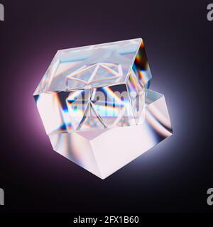 Abstrakter quadratischer Glas-Kristall mit Dispersion auf schwarzem Hintergrund mit gradiviertem Licht, 3d-Darstellung rendern Stockfoto