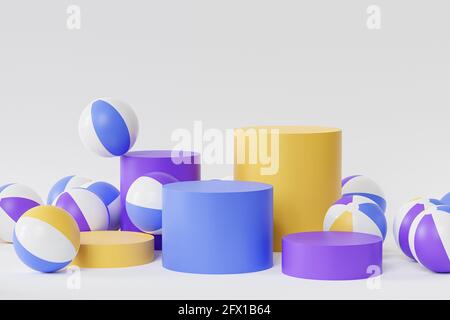 Bunte Podien oder Podeste für Produkte oder Werbung mit aufblasbaren Strandbällen, minimale 3d-Darstellung rendern Stockfoto