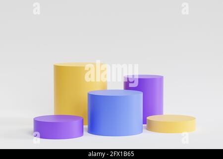 Bunte Podien oder Sockel für Produkte oder Werbung auf weißem Hintergrund, minimale 3d-Darstellung Stockfoto