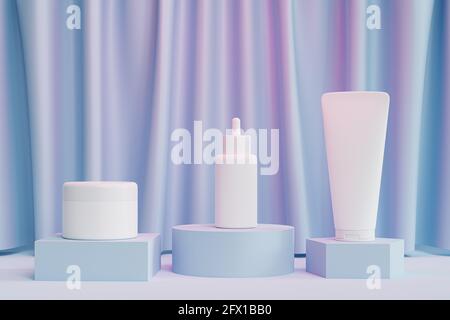 Mockup Tropfflasche, Lotionröhrchen und Cremeglas für Kosmetikprodukte oder Werbung auf blauen Podien mit rosa Licht, 3d-Illustration Rendering Stockfoto