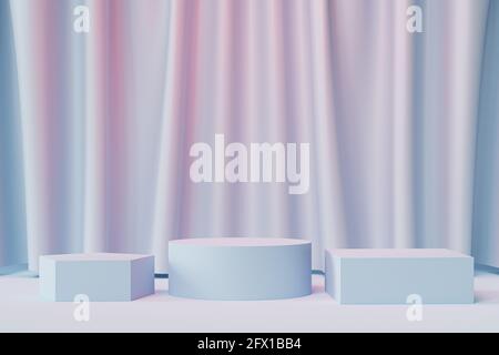 Geometrische Podien oder Sockel für Produkte oder Werbung auf neutralem blauen und rosa Hintergrund mit Vorhängen, minimale 3d-Darstellung Stockfoto