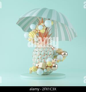 Abstrakte Goldene Ananas mit Beach Umbrell und geometrische Formen Objekte auf blauem Hintergrund. 3d-Rendering Stockfoto