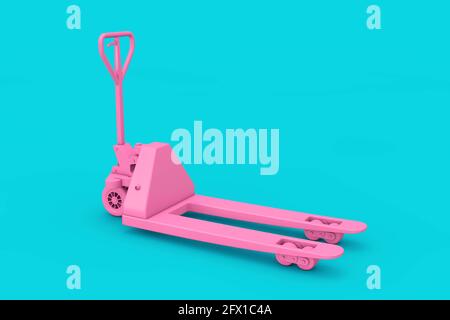 Pink Hand Pallet Truck Gabelstapler in Duotone Style auf blauem Hintergrund. 3d-Rendering Stockfoto