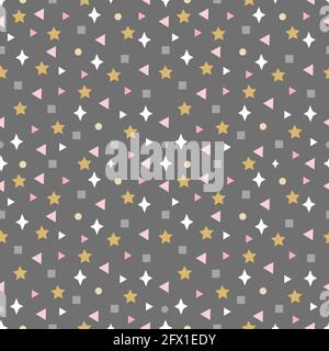 Abstraktes Nahtloses Muster mit Quadraten, Sternen und anderen Elementen. Niedlicher Druck in Gold, Pink und Grau. Geeignet für Textilien, Packpapier Stock Vektor
