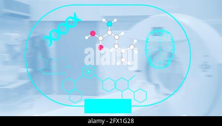 Zusammensetzung des Bildschirms mit dna-Strang und medizinischen Symbolen über Krankenhaus Stockfoto