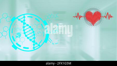 Zusammensetzung von Herzfrequenzsensor, dna-Strang und Netzwerk von medizinischen Symbolen über dem Krankenhaus Stockfoto