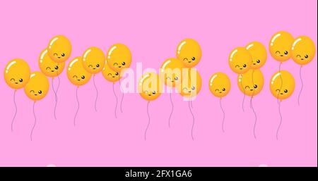 Zusammensetzung von mehreren gelben Ballons mit Gesichtern auf rosa Hintergrund Stockfoto