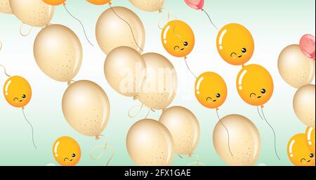 Zusammensetzung von mehreren gelben Ballons mit Gesichtern auf grünem Hintergrund Stockfoto