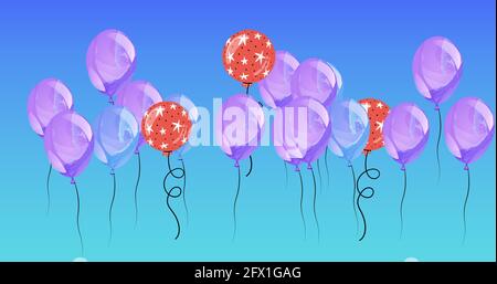 Zusammensetzung von mehreren roten und violetten Ballons auf blauem Hintergrund Stockfoto