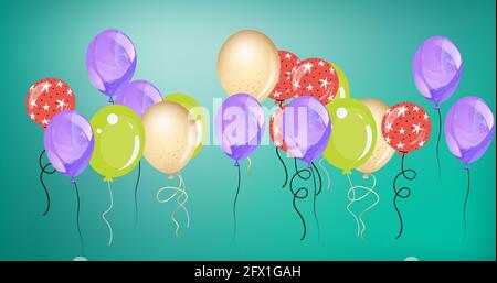 Zusammensetzung von mehreren roten, violetten und grünen Ballons auf grünem Hintergrund Stockfoto