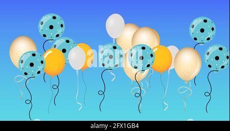 Zusammensetzung von mehreren blauen und gelben Ballons auf blauem Hintergrund Stockfoto