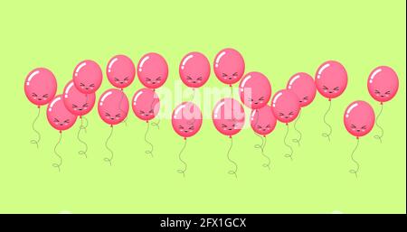 Zusammensetzung von mehreren rosa Ballons mit Gesichtern auf grünem Hintergrund Stockfoto