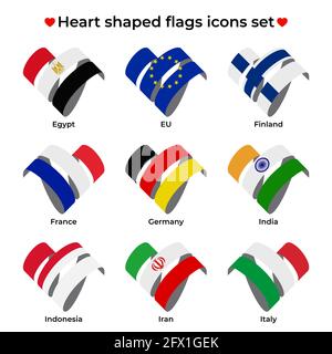 Symbole für herzförmige Flaggen gesetzt. Symbol-Flag von Ribbon Locken. Vektorsymbol, Symbol, Schaltfläche. Abbildung in flacher Ausführung Stock Vektor
