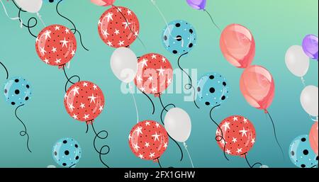 Zusammensetzung von mehreren roten, blauen, weißen Ballons auf blauem Hintergrund Stockfoto