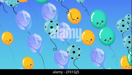 Zusammensetzung von mehreren blauen und gelben Ballons auf blauem Hintergrund Stockfoto