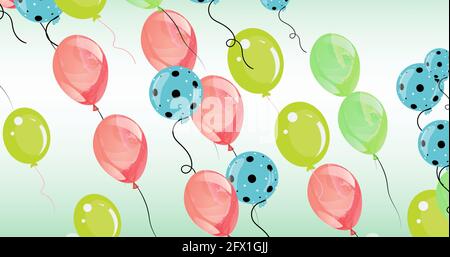 Zusammensetzung von mehreren grünen, blauen und rosa Ballons auf blauem Hintergrund Stockfoto