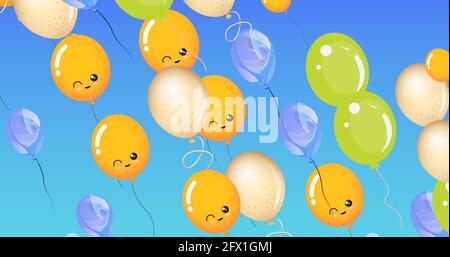 Zusammensetzung mehrerer blauer und gelber Ballons mit Gesichtern Blauer Hintergrund Stockfoto