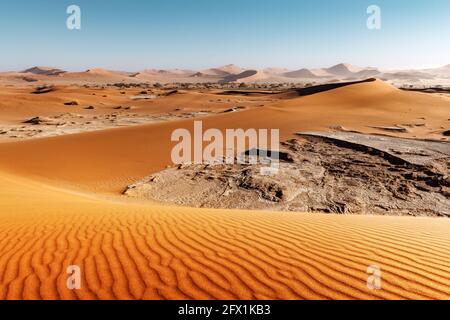 Deadvlei, Namib-Naukluft National Park, Namibia, Afrika. Getrockneter Boden mit Sand in der Namib Wüste bei Sonnenuntergang. Landschaftsfotografie Stockfoto