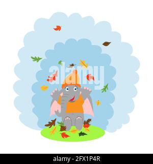 Ein netter, glücklicher Cartoon-Elefant in einem Hut sitzt in einer Lichtung, wirft Herbstblätter. vektor-flache Illustration Stock Vektor
