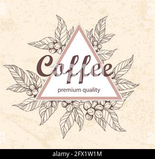 Dekoratives Dreieck mit Blumenmuster und handgezeichneten Kaffeepflanzen und Kaffeebohnen. Vintage-Style. Stockfoto