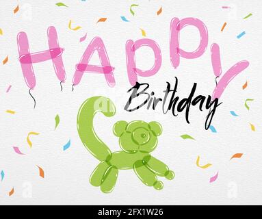Karte mit Konfetti und Tieren von Ballons mit der Aufschrift Happy Birthday Lemur von Ballons Stock Vektor
