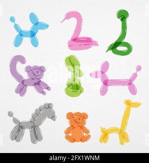 Tiere aus Luftballons farbigen Hund Schwan Dackel Giraffe Lemur Kaninchen Bärenpferd-Schlange Stock Vektor