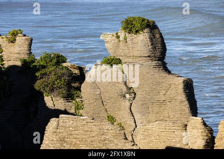 Wellington. Mai 2021. Das Foto vom 25. Mai 2021 zeigt einen Blick auf die Pancake Rocks in Punakaiki an der Westküste der Südinsel, Neuseeland. Die Pancake Rocks wurden aus winzigen Fragmenten toter Meereslebewesen und Pflanzen gebildet, die auf dem Meeresboden gelandet sind. Quelle: Zhang Jianyong/Xinhua/Alamy Live News Stockfoto