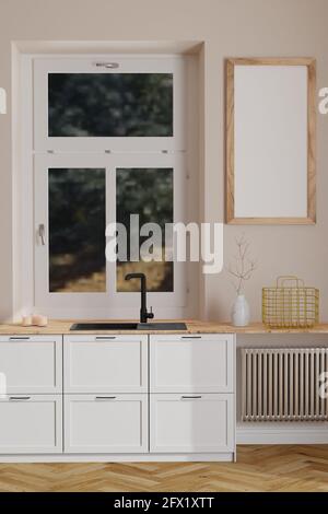 Moderne skandinavische Küche mit Fenster und leerem Holzrahmen an der Wand. Minimalistisches Interieur Stockfoto