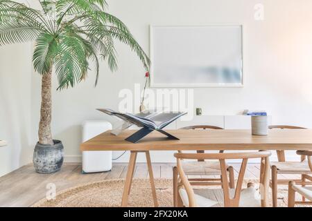 Modernes, geräumiges Zimmer mit Esstisch aus Holz und Topfpalme Baum in der Ecke mit kleinem Kühlschrank und Foto im Rahmen Stockfoto