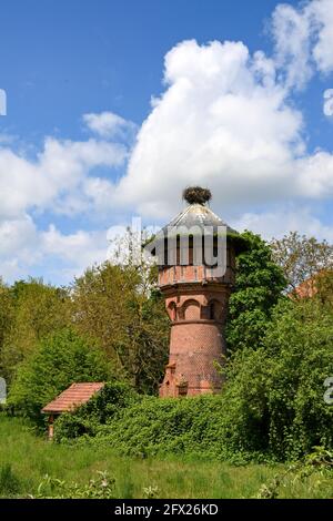 19. Mai 2021, Brandenburg, Rühstädt: Der Alte Wasserturm im Storchdorf Rühstädt in der Prignitz-Region der Elbe-Brandenburgischen Flusslandschaft UNESCO-Biosphärenreservat. Als eine der größten Storchenkolonien Mitteleuropas trägt Rühstädt den Titel „Europäisches Storchendorf“. Foto: Jens Kalaene/dpa-Zentralbild/ZB Stockfoto