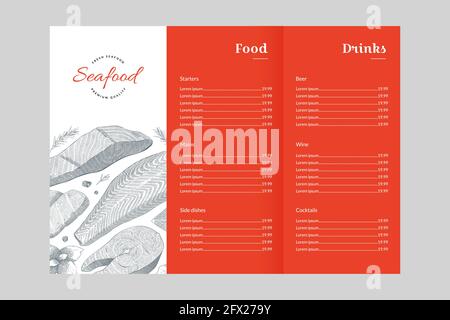 Meeresfrüchte-Restaurant-Menüdesign, A4-Trifold-Menüdruck, Vektorvorlage mit Vintage-Tinte Illustrationen von Lachsfisch und Zutaten, zum Mitnehmen Stock Vektor