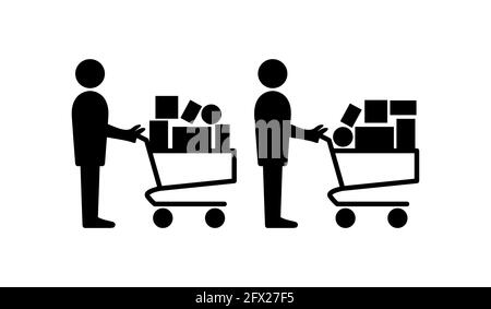 Symbol „Panic Buying“ mit Personen in einer Warteschlange und vollständigen Einkaufskörben. Vektorbild. Stock Vektor