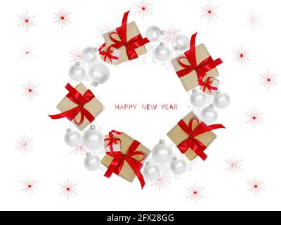 Frohes neues Jahr festlicher Hintergrund. Weihnachtsdekoration Geschenkbox, Grußkarte, Banner, Web-Poster... Stockfoto
