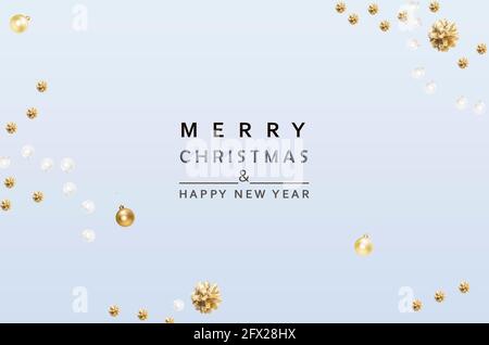 Weihnachten Hintergrund. Weihnachtlich glitzerndes Design mit Girlande, glänzendem goldenem Konfetti, Tannenzapfen. Frohes neues Jahr Poster, Postkarte, Banner. Draufsicht fl Stockfoto